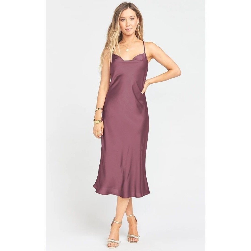 Show Me Your Mumu Verona Cowl Midi Dress Large Dusty Plum Satin Bridesmaid NWT